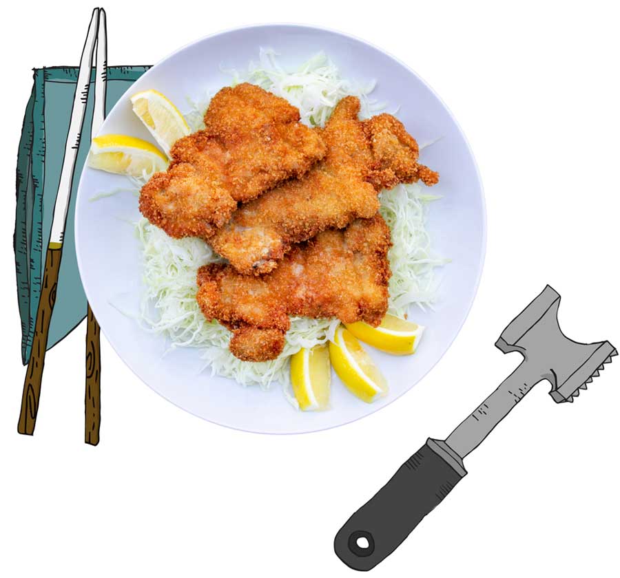 flatened chicken with chopstix, napkin, and tenderizer