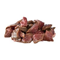 Raw pieces of bison stew meat mounded on white background