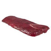 Whole, raw Canadian elk striploin on white background