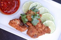 Breaded & fried pieces of elk meat, bowl of ketchup sauce, 5 fanned lime slices, parsley sprig, rectangular white plate, black background