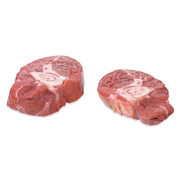 2 raw grain-fed veal foreshank osso bucco on white background