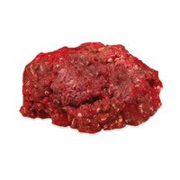 Raw ground Canadian elk meat mounded on white background