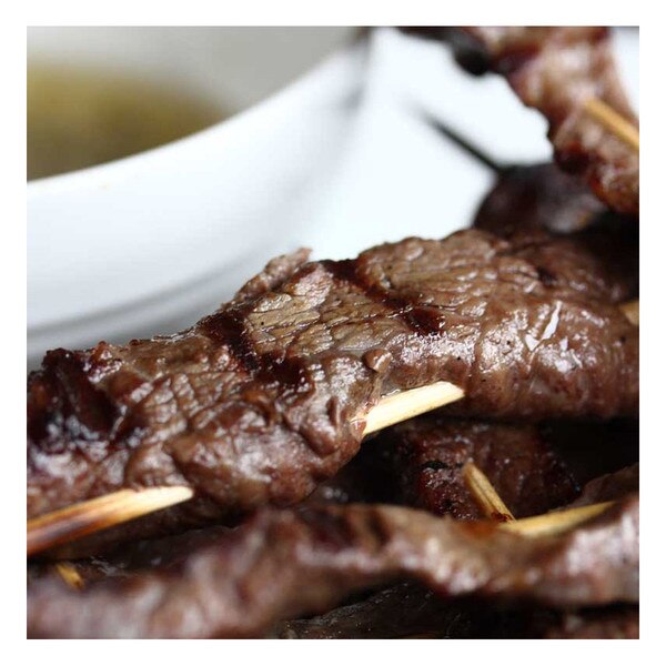 Skewered & grilled Wagyu beef tri tip satay, recipe