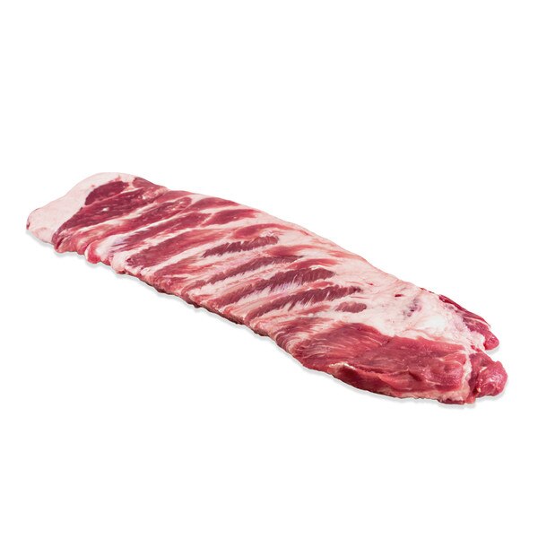 Raw rack of Kurobuta pork St. Louis-cut spare ribs on white background