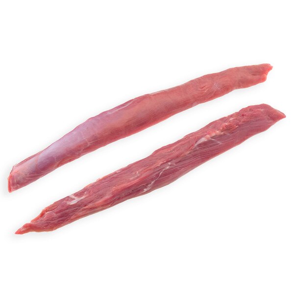 2 raw grass-fed lamb tenderloins diagonally on a white background