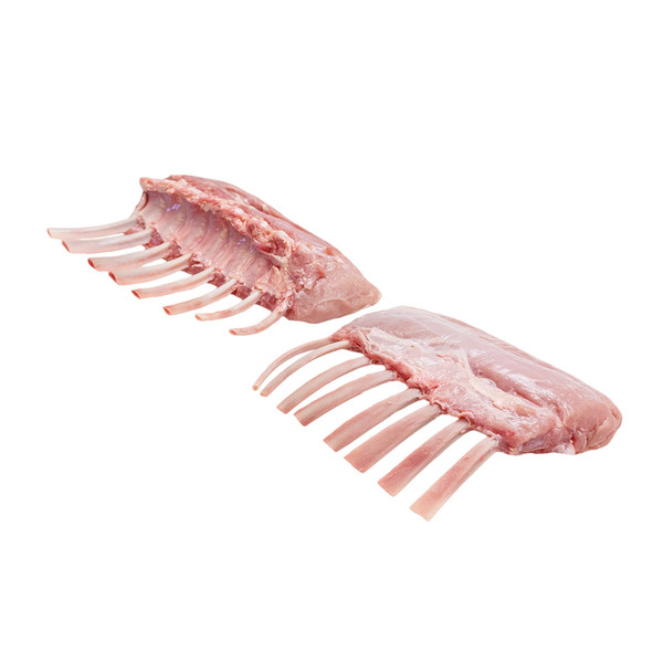 2 raw overlapping frenched petite grain-fed veal racks on white background