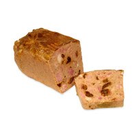 A loaf of prune & cognac rabbit pate with one slice cut, on white background