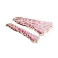 Fanned slices of raw smoked mangalitsa bacon on white background