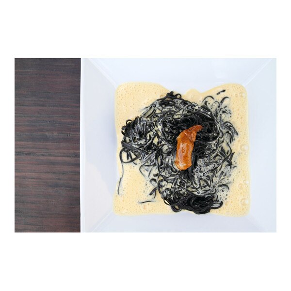 black squid ink pasta with uni sabayon, recipe