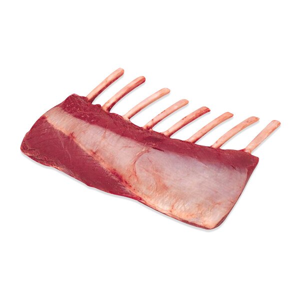 one raw 8-rib frenched rack of venison on a white background