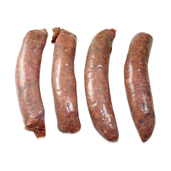 four links of raw venison sausage with demi glace