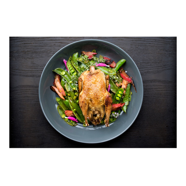 thyme & brown butter-basted partridge with rhubarb & snap peas, recipe, gray bowl on black wood tabletop