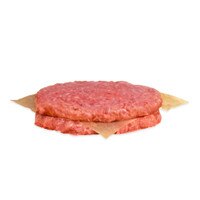 2 raw wild boar burger patties stacked with brown butcher paper in between