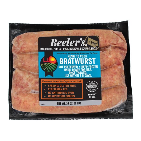 4-piece package of Beeler’s pure pork bratwurst sausage links