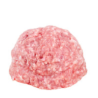 Mound of Beeler’s pure pork raw ground meat on white background