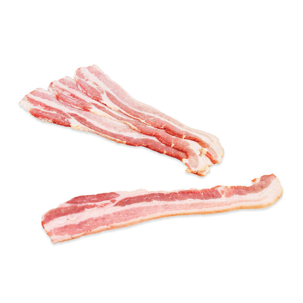 3 fanned slices & 1 single slice of raw Beeler’s pure pork sliced bacon