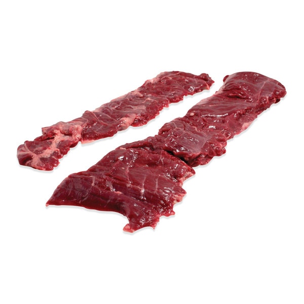 2 raw bison skirt steaks on white background