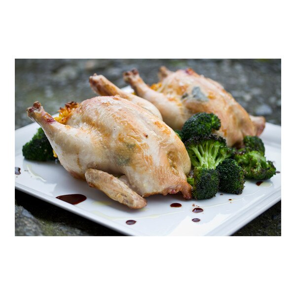 Saffron rice & chorizo stuffed Cornish game hens with broccoli, recipe