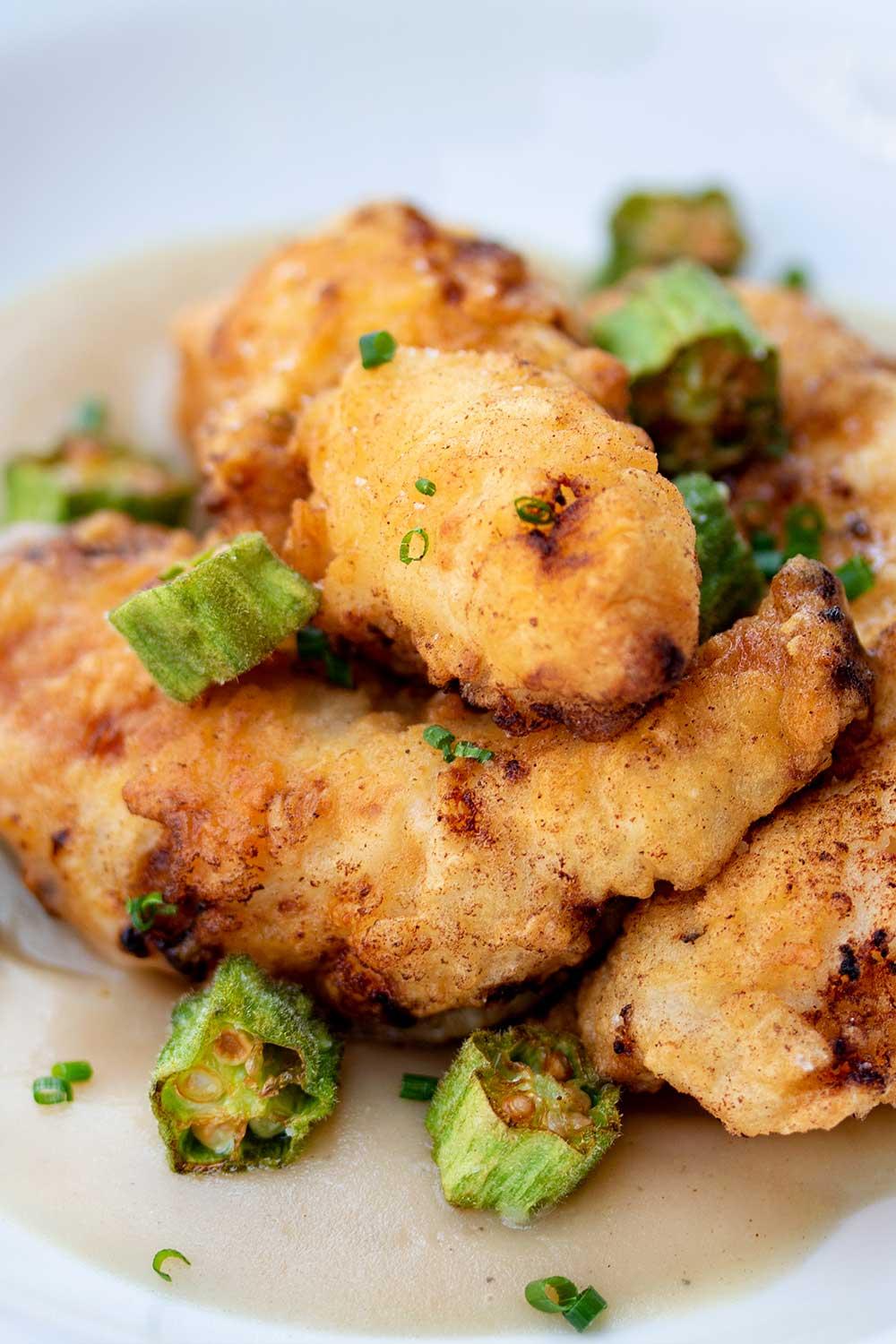 fried rabbit with okra on plate