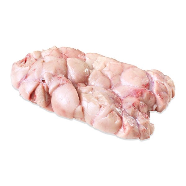 Raw grain-fed veal sweetbreads on white background