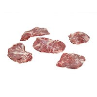 Five raw oyster cut steaks on white background.