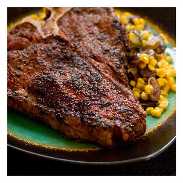 Grilled porterhouse steak with porcini mushroom rub & corn, recipe