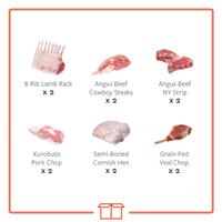 Boxed grouping of Angus Beef NY Strip Steaks, Angus Cowboy Ribeye Steak, Frenched Lamb Rack, Grain-Fed Veal Chop, Kurobuta Pork Chop, Semi-Boned Cornish Hen