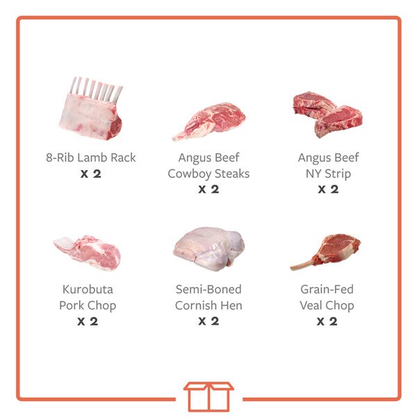 Boxed grouping of Angus Beef NY Strip Steaks, Angus Cowboy Ribeye Steak, Frenched Lamb Rack, Grain-Fed Veal Chop, Kurobuta Pork Chop, Semi-Boned Cornish Hen