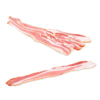 Fanned slices above a single slice of raw Kurobuta sliced bacon on white background