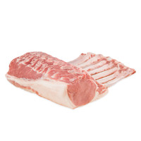 Raw, 8-rib Kurobuta pork tomahawk rack on white background