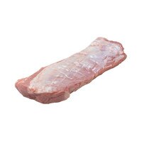 A raw, boneless milk-fed French veal top sirloin on a white background.