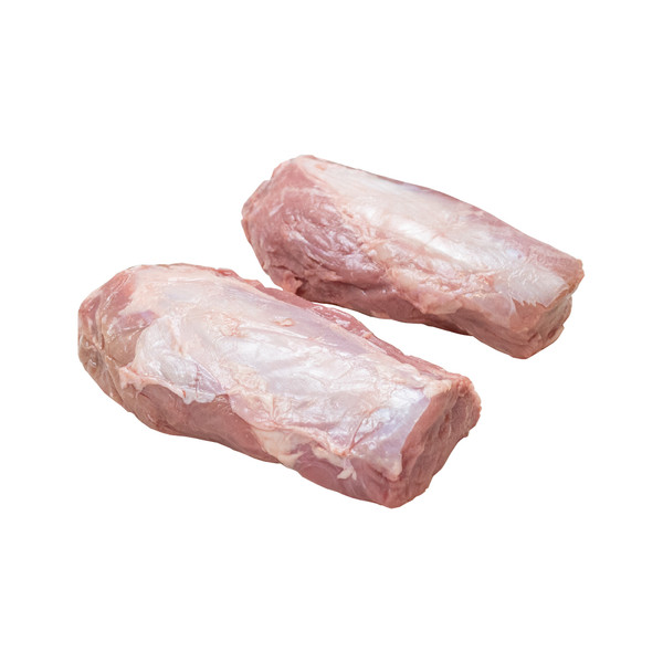 Two, raw milk-fed French veal butt tenderloins on a white background.