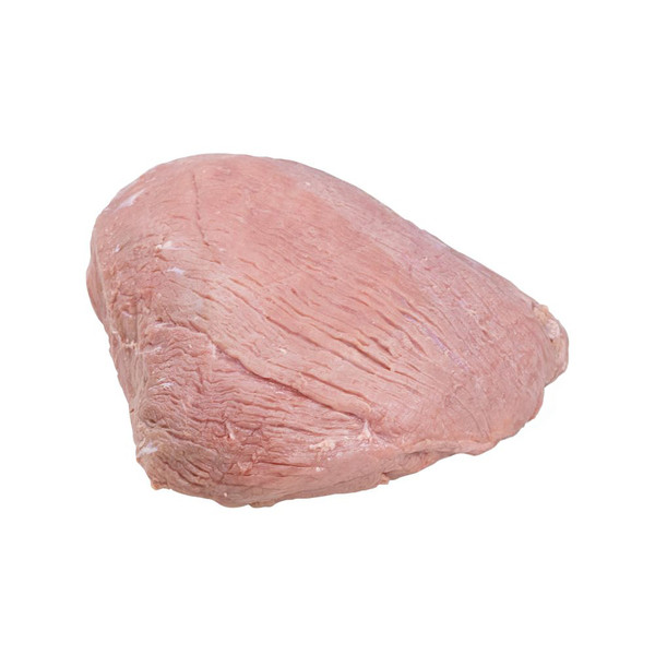 A raw, milk-fed French veal cap off top round on a white background.