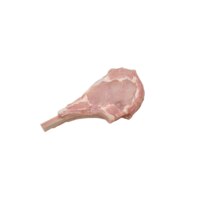 A raw milk-fed French veal rib chop with a frenched bone on a white background.