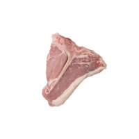 A raw, milk-fed French veal porterhouse chop on a white background.