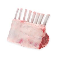 Raw 8-rack of grass-fed lamb with frenched bones on white background