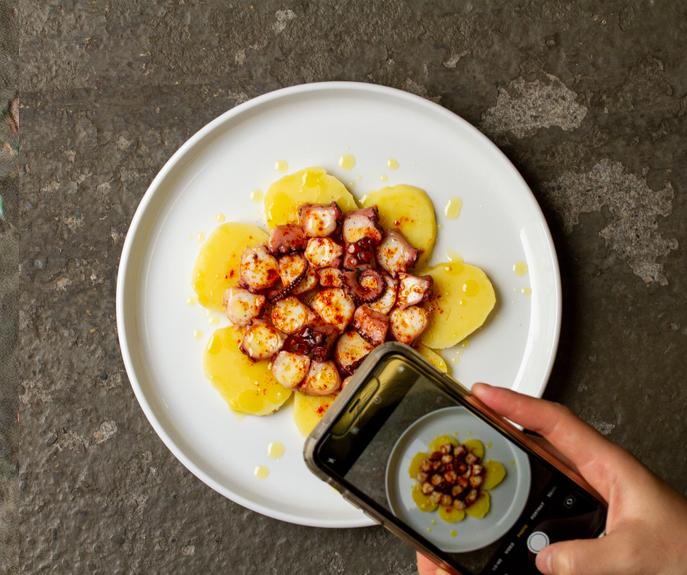 someone holding an iphone over an octopus dish & taking a picture